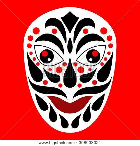 Tribal Ethnik Mask. Black And White And Red Illustration On Red Background