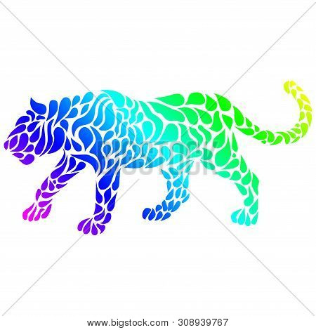 Silhouette Of A Panther In A Tattoo Style. Rainbow Colors In Whi
