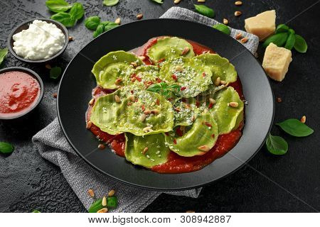Italian Ravioli Pasta Stuffed With Basil Pesto, Creamy Ricotta And Crunchy Pine Nuts. Healthy Vegeta