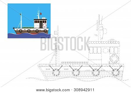 Coloring. Simple Educational Game For Children. Ship Vector Illustration.