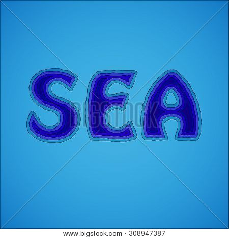 Paper Cut Blue Background With Word Sea. Abstract Realistic Papercut Decoration Textured With Cardbo