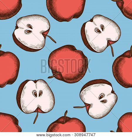Seamless Pattern With Hand Drawn Colored Apples Stock Illustration