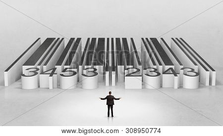 Young businessman standing in front of a big codebar