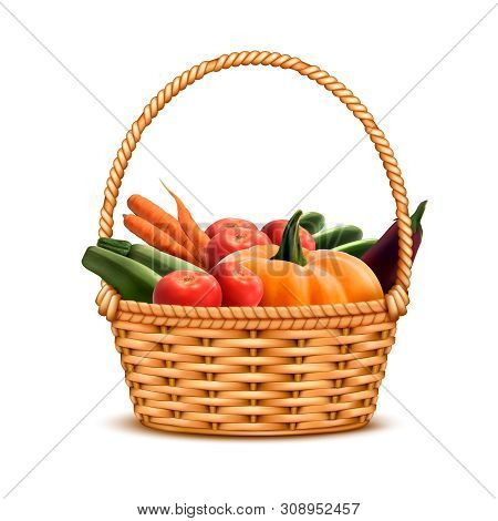 Willow Wicker Basket One Handle Full With Fresh Farmer Market Harvest Vegetables Closeup Realistic I