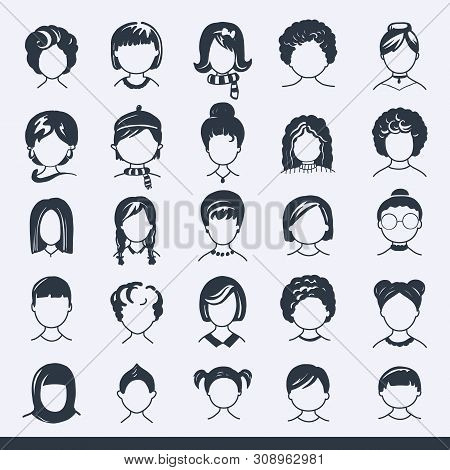 Set Of Avatar Or User Icons. Vector Illustration. Silhouettes Man And Woman. Adult, Youth And Child 