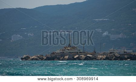 Panorama Of Embankment, Sea Coast Landscape, Breackwater In The Crimea