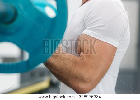 A Young Athlete Trains In The Gym. Trians Biceps Muscules