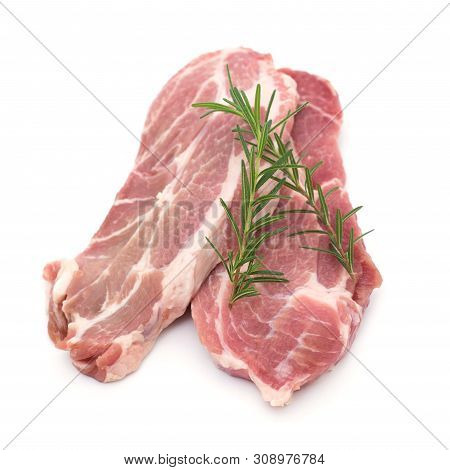 Resh Raw Pork Neck Meat Pepper And Rosemary Isolated On White Background