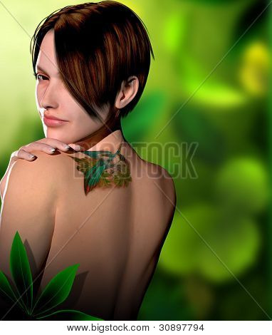 Garota com tatuagem na ilustração de volta 3-D