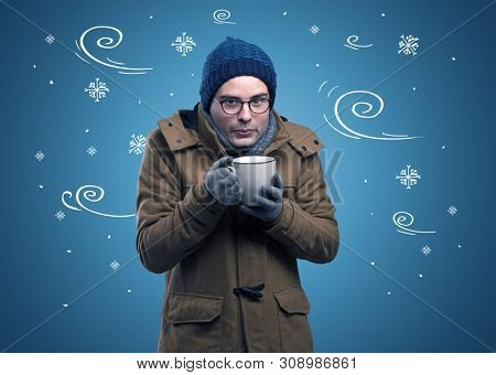 Young hipster frozen boy with doodled snowflakes and windy concept