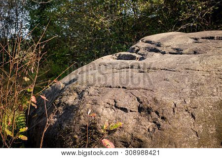 A Huge Boulder Of Glacial Origin In The Forest. The Village Of Malomakhovo, Borovsky District, Kaluz