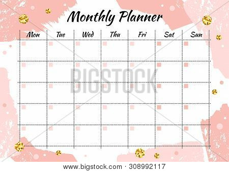 Creative Monthly Planner With Gold Glitter Sparkles On Pink Brushstroke Background. Stylish Fashion 