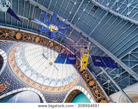 Moscow, Russia - June 08, 2019. Satellites Glonass And Geo-ik In Pavilion Space And Transport. Exhib