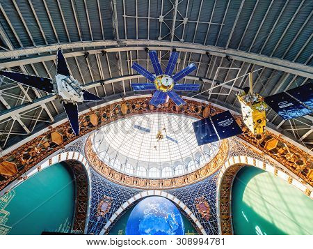 Moscow, Russia - June 08, 2019. Satellites Glonass And Geo-ik In Pavilion Space And Transport. Exhib