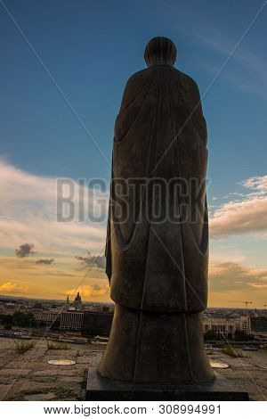 Budapest, Hungary: The Sculpture Of St. Maria Mater Dei On The Hill Top Of Buda Castle.