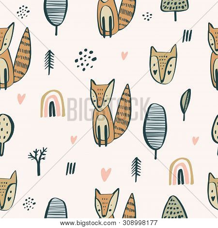 Semless Woodland Pattern With Cute Little Foxes. Scandinaviann Style, Nursery Texture For Baby Appar