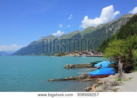 Summer Day In Brienz, Switzerland. Lake Brienz And Mount Augstmatthorn.