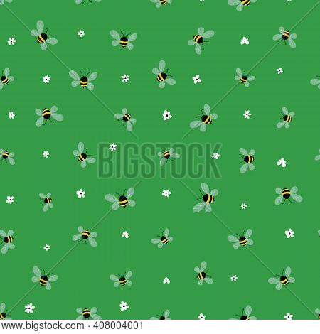 Seamless Pattern With Bees And Flowers On Green Background. Adorable Cartoon Wasp Characters. Templa