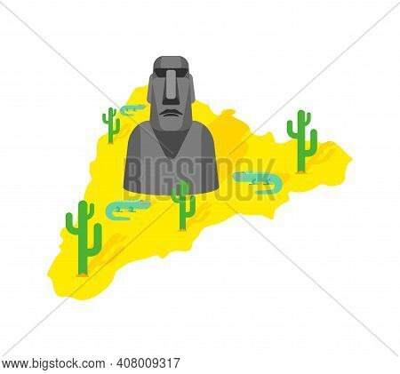 Easter Island Map And Moai Idol. Ancient Statues. Vector Illustration