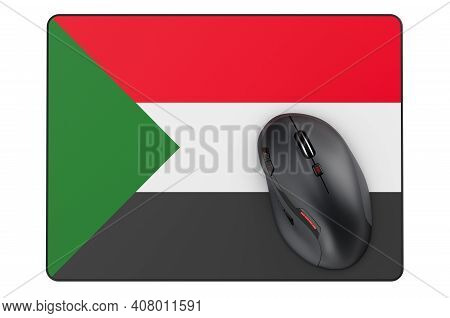 Computer Mouse And Mouse Pad With Sudanese Flag, 3d Rendering Isolated On White Background