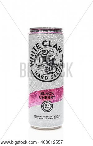 IRVINE, CALIFORNIA - 03 DEC 2019: A can of White Claw Hard Seltzer Black Cherry flavor with condensation.