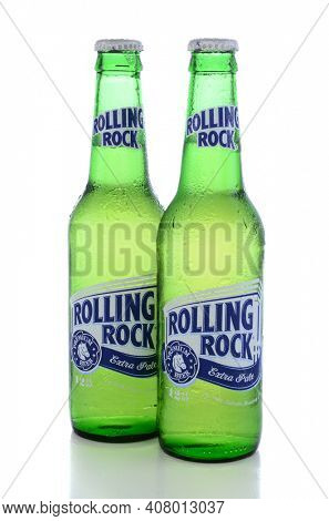 IRVINE, CA - JUNE 14, 2015: Rolling Rock Extra Pale Beer. Two bottles of the American beer founded in 1939 in Latrobe, Pennsylvania, by the Latrobe Brewing Co.