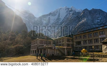 Trekker's Lodge In The Mountains In Tengboche, Guesthouse In The Himalayas, Trekking And Hiking In N