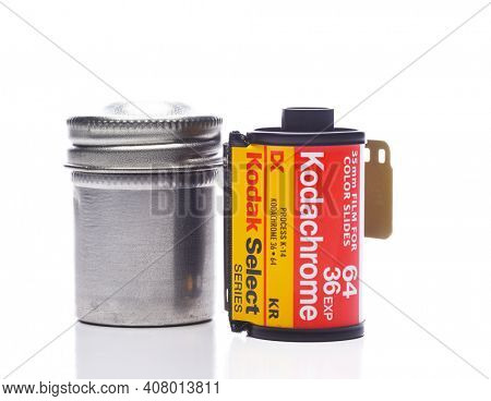 IRVINE, CALIFORNIA - JULY 5, 2019: A roll of Kodachrome 64 Film 36 exposure with metal canister.