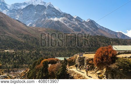 Dingboche, Nepal - October 2018: Autumn In The Mountains, Beautiful Landscape In The Himalayas, Trek