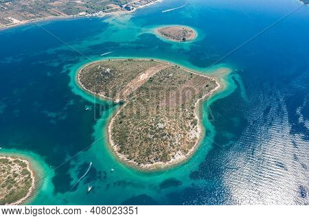 Aerial Drone Shot Of Heart-shaped Island Galesnjak In Dalamatia Croatia