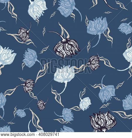 Wilted Blue Flowers Seamless Vector Pattern. Botanical Surface Print Design For Fabrics, Stationery,