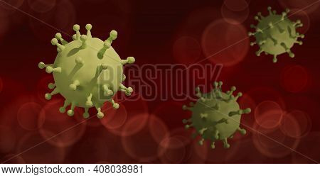 COVID-19 virus in blood. Corina virus on red background.