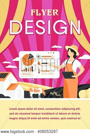 Happy Female Farmer Working On Farm To Feed Population Flat Vector Illustration. Cartoon Farm With A