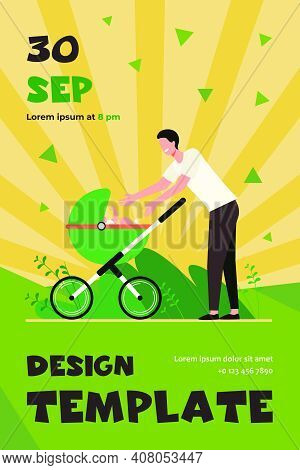 Happy New Father Walking With Baby. Man Reaching Arms To Stroller With Kid Flat Vector Illustration.