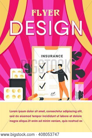 Health Insurance Agreement. Man Studying Insurance List Among Medical Drugs And Hospital Pills. Can 