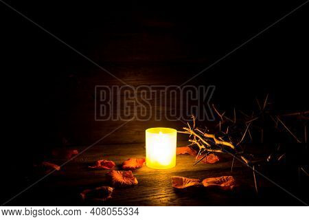 Thorns Candle And Rose Petals Christian Symbol