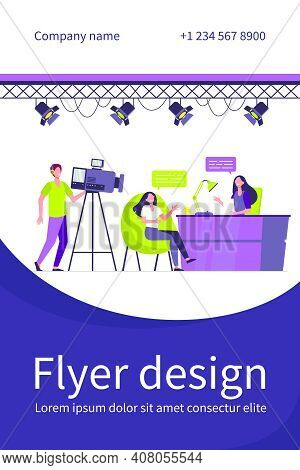 Videographers Shooting Interview In Tv Studio. News Host Talking To Tv Show Guest. Flat Vector Illus