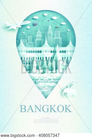 Travel Bangkok Monument Pin In Thailand With Ancient Architecture And City Modern Building Business 