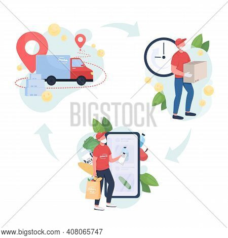 Food Delivery Flat Concept Vector Illustration Set. Restaurant Courier With Full Bags To Your Home D