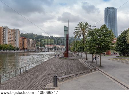 Landscape On The Banks Of The Nervion River In Downtown Bilbao, Spain
