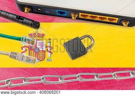 Spain Internet Censorship And Security Concept. Flag In The Background Of The Internet Connection Sw