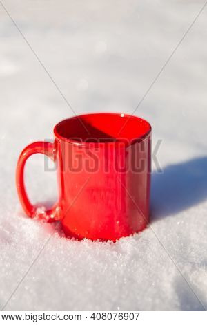 Steaming Cup Of Hot Coffee, Tea Or Chocolatemilk In The Cold Fresh White Snow, Winter, Cozy, Drink, 