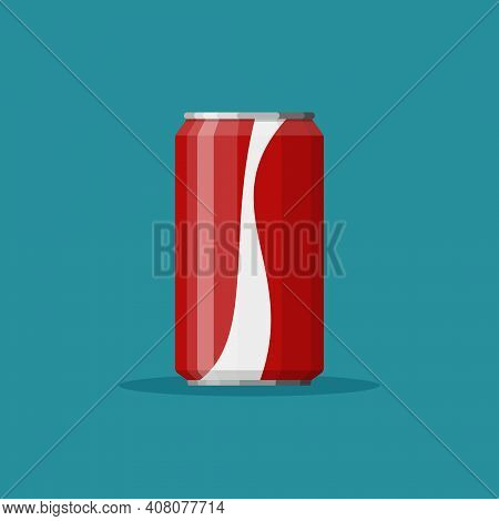 Cola Soda In Red Aluminum Can Icon On Blue Background. Soft Drink Sign. Drink In Packaging. Vector I