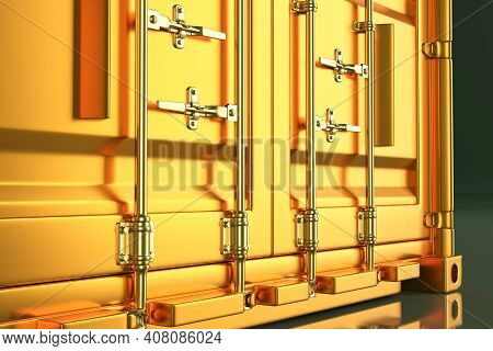 A High Quality Image Of A Yellow 20ft Shipping Container On A White Background. Twenty Foot Sea Ship