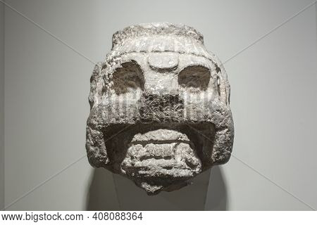 Madrid, Spain - Jul 11th, 2020: Puuc Style Mayan Head. Mayan Culture, 600 Ac. Museum Of The Americas