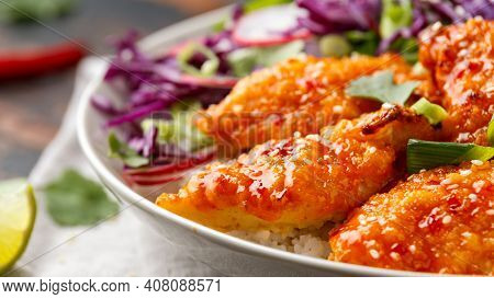 Korean Fried Chicken With Red Cabbage Salad And White Rice. Asian Food