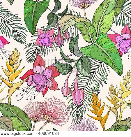 Seamless Pattern With Tropical Flowers And Leaves. Vector Jungle Leaves And Exotic Plants