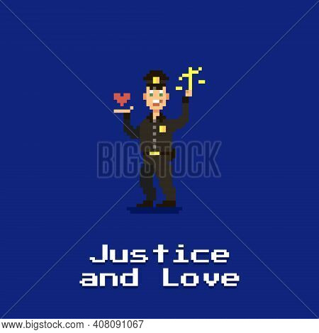 Colorful Simple Flat Pixel Art Illustration Of A Smiling Policeman Holding A Scale In One Hand And A