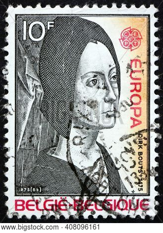 Belgium - Circa 1975: A Stamp Printed In Belgium Shows Womans Head, Detail From Trial By Fire, Paint