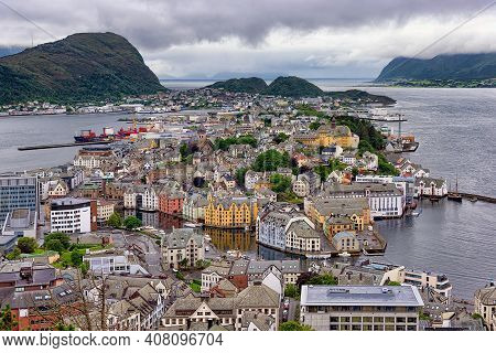 Aerial View Of Alesund Town, Norway. Alesund Is Part Of The Traditional District Of Sunnmore And Is 